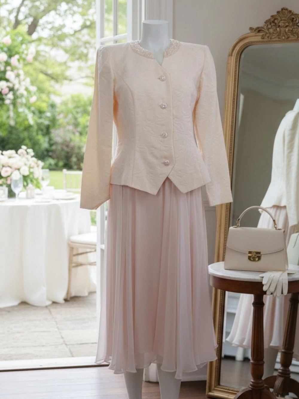 Karen Miller Blush Skirt Suit 12 Beaded Jacket Mother of Bride Groom Formal